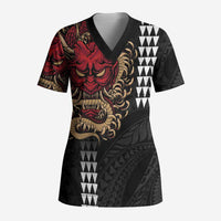 Hawaii and Japanese Oni Mask Personalised Scrub Top Kakau Pattern Dark Art Style LT9 Adult Black - Polynesian Pride
