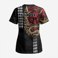 Hawaii and Japanese Oni Mask Personalised Scrub Top Kakau Pattern Dark Art Style LT9 - Polynesian Pride