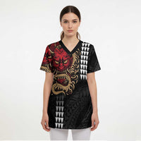 Hawaii and Japanese Oni Mask Personalised Scrub Top Kakau Pattern Dark Art Style LT9 - Polynesian Pride