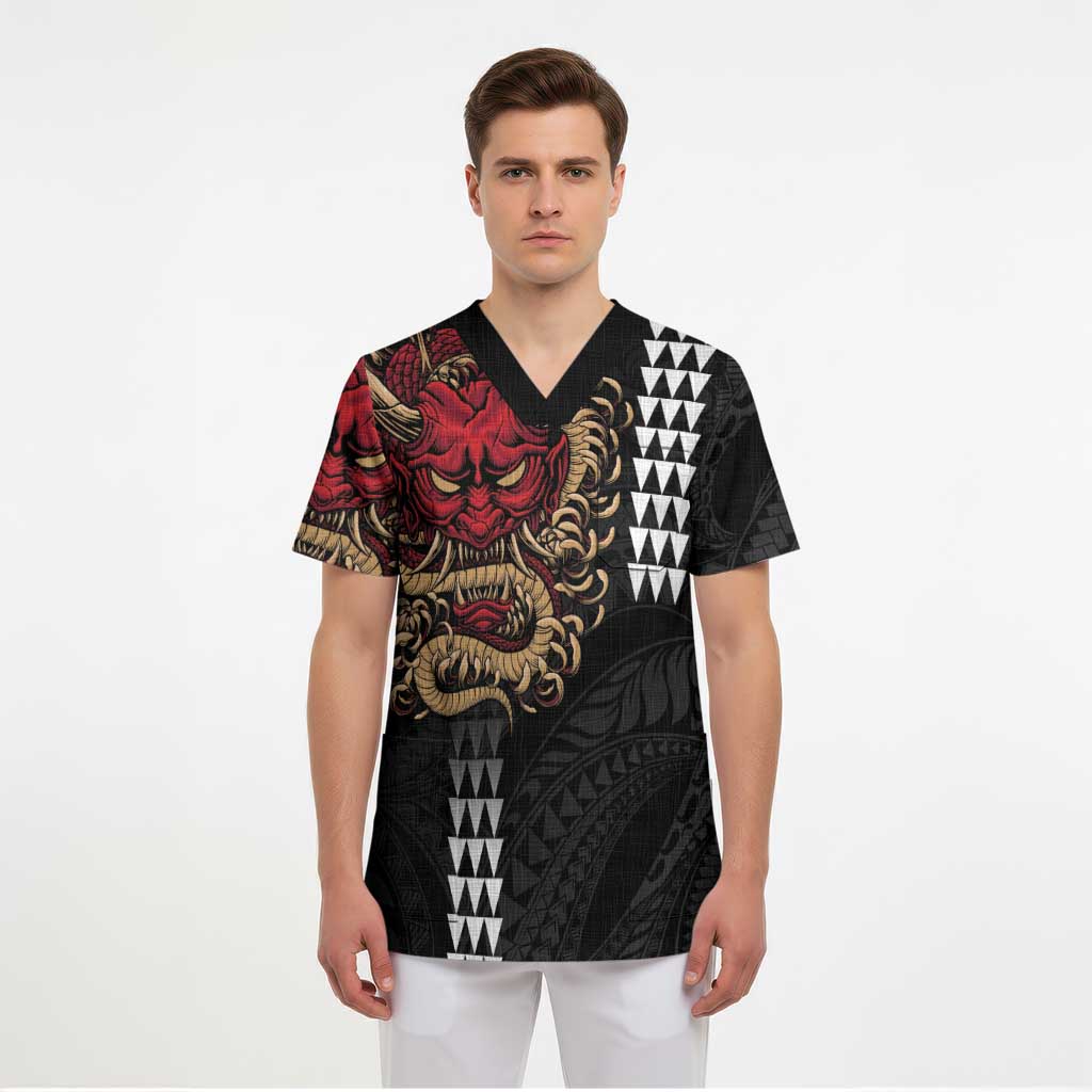 Hawaii and Japanese Oni Mask Personalised Scrub Top Kakau Pattern Dark Art Style LT9 - Polynesian Pride