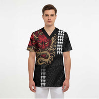 Hawaii and Japanese Oni Mask Personalised Scrub Top Kakau Pattern Dark Art Style LT9 - Polynesian Pride