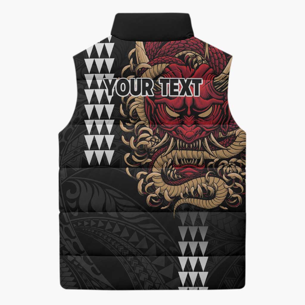 Hawaii and Japanese Oni Mask Personalised Sleeveless Puffer Jacket Kakau Pattern Dark Art Style LT9 - Polynesian Pride