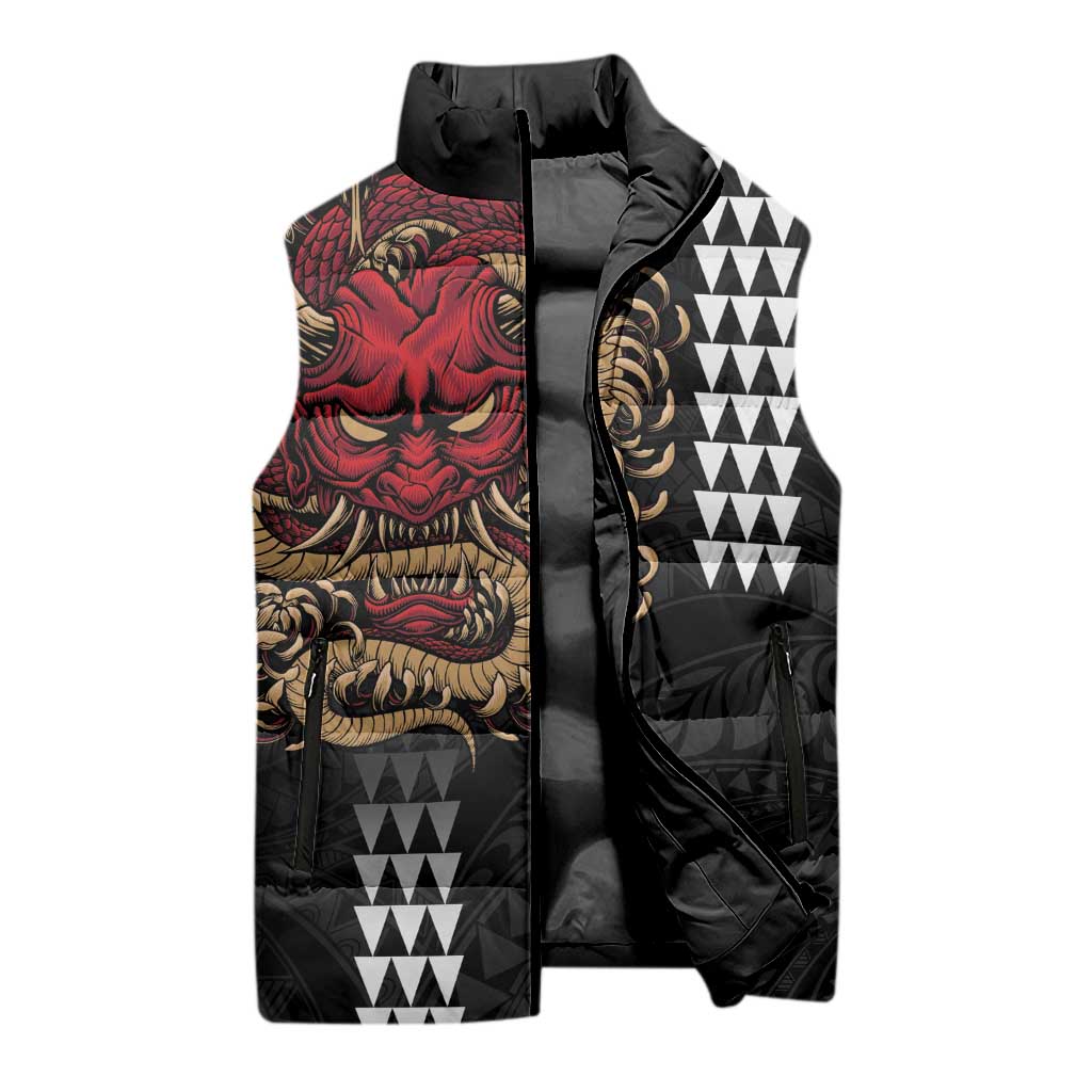 Hawaii and Japanese Oni Mask Personalised Sleeveless Puffer Jacket Kakau Pattern Dark Art Style LT9 - Polynesian Pride
