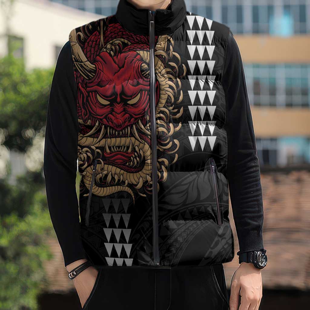 Hawaii and Japanese Oni Mask Personalised Sleeveless Puffer Jacket Kakau Pattern Dark Art Style LT9 - Polynesian Pride