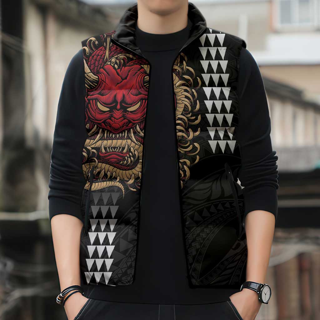 Hawaii and Japanese Oni Mask Personalised Sleeveless Puffer Jacket Kakau Pattern Dark Art Style LT9 - Polynesian Pride