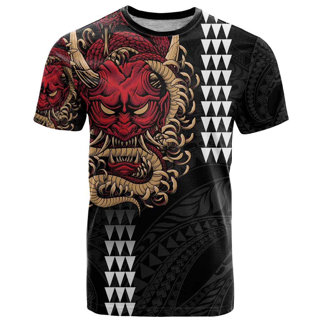 Hawaii and Japanese Oni Mask Personalised T Shirt Kakau Pattern Dark Art Style LT9 Black - Polynesian Pride