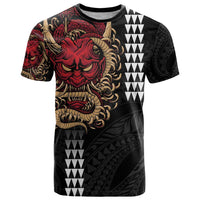 Hawaii and Japanese Oni Mask Personalised T Shirt Kakau Pattern Dark Art Style LT9 Black - Polynesian Pride