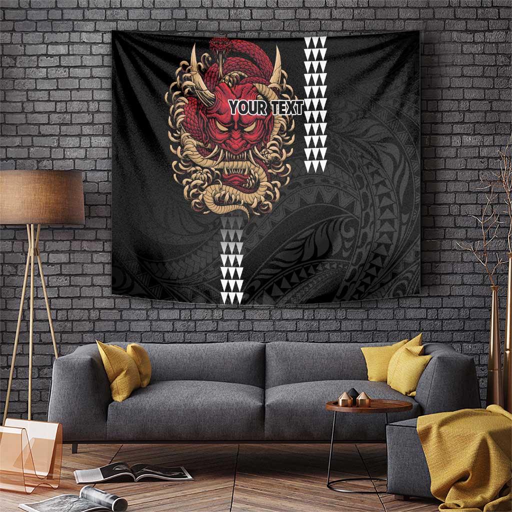 Hawaii and Japanese Oni Mask Personalised Tapestry Kakau Pattern Dark Art Style LT9 Black - Polynesian Pride