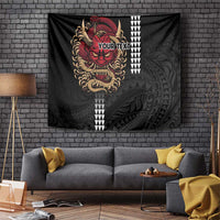 Hawaii and Japanese Oni Mask Personalised Tapestry Kakau Pattern Dark Art Style LT9 Black - Polynesian Pride