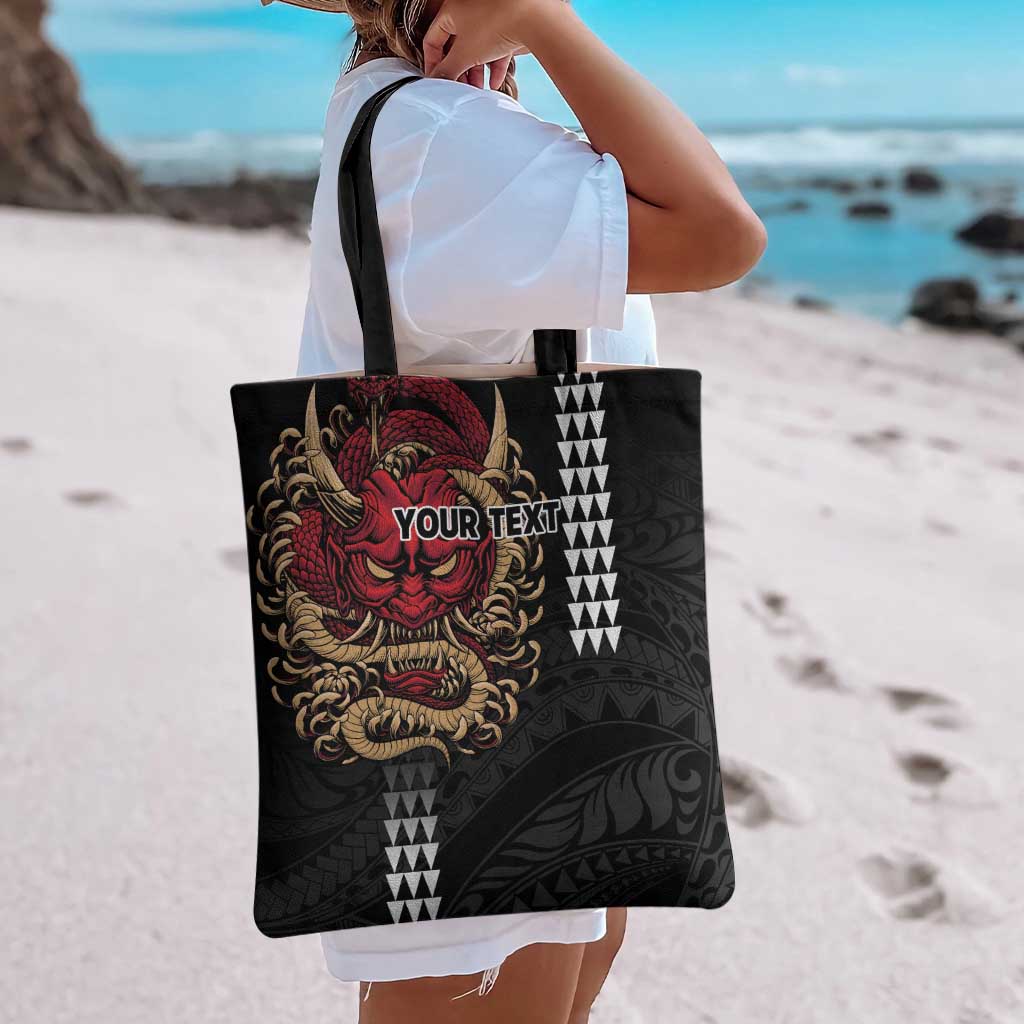 Hawaii and Japanese Oni Mask Personalised Tote Bag Kakau Pattern Dark Art Style LT9 - Polynesian Pride
