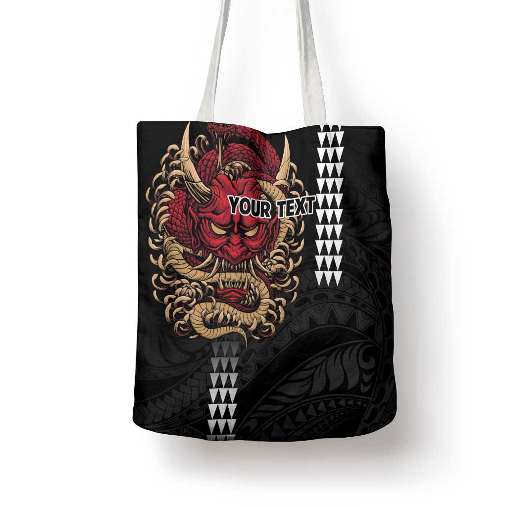 Hawaii and Japanese Oni Mask Personalised Tote Bag Kakau Pattern Dark Art Style LT9 - Polynesian Pride