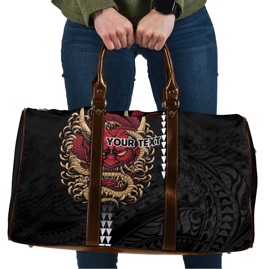 Hawaii and Japanese Oni Mask Personalised Travel Bag Kakau Pattern Dark Art Style LT9 Black - Polynesian Pride