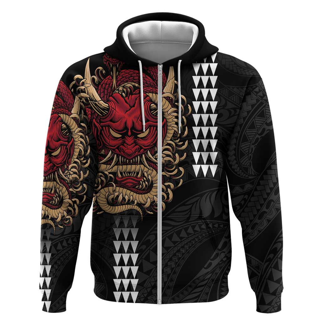 Hawaii and Japanese Oni Mask Personalised Zip Hoodie Kakau Pattern Dark Art Style LT9 Zip Hoodie Black - Polynesian Pride