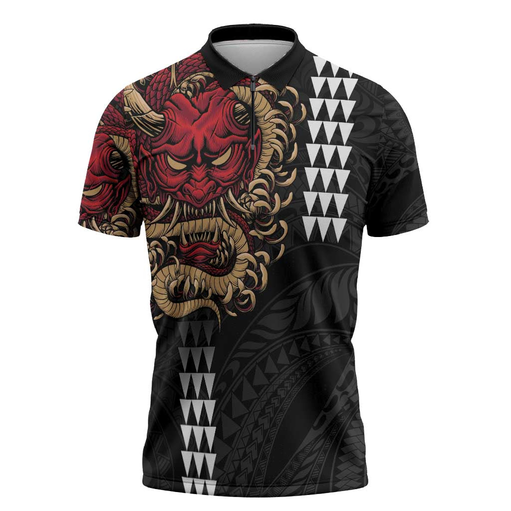 Hawaii and Japanese Oni Mask Personalised Zipper Polo Shirt Kakau Pattern Dark Art Style LT9 Black - Polynesian Pride