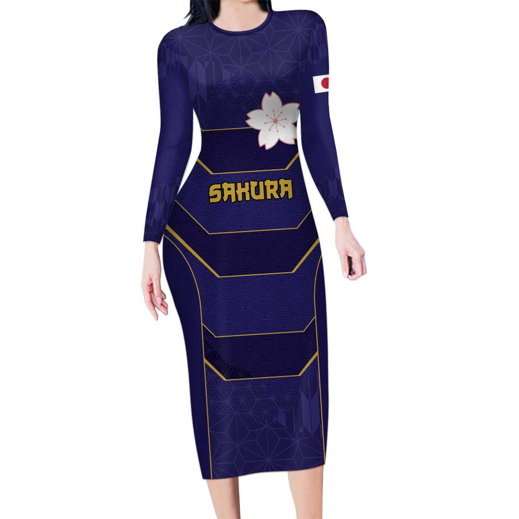 Japan Pacific Rugby 2022-23 Custom Long Sleeve Bodycon Dress Blue Sakura Japanese Wave Pattern LT9 Long Dress Blue - Polynesian Pride