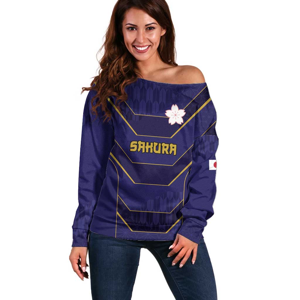 Japan Pacific Rugby 2022-23 Custom Off Shoulder Sweater Blue Sakura Japanese Wave Pattern LT9 Women Blue - Polynesian Pride