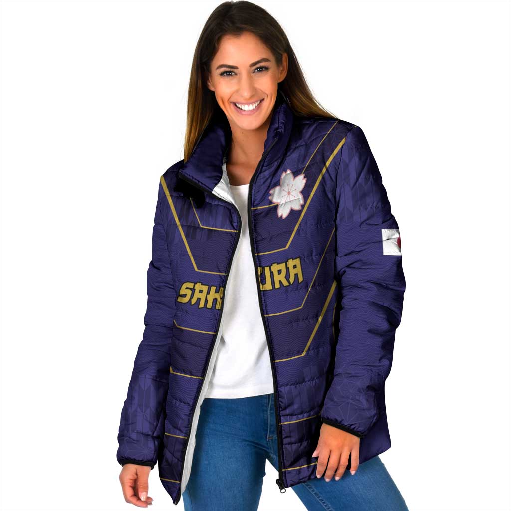 Japan Pacific Rugby 2022-23 Custom Padded Jacket Blue Sakura Japanese Wave Pattern LT9 Women Blue - Polynesian Pride