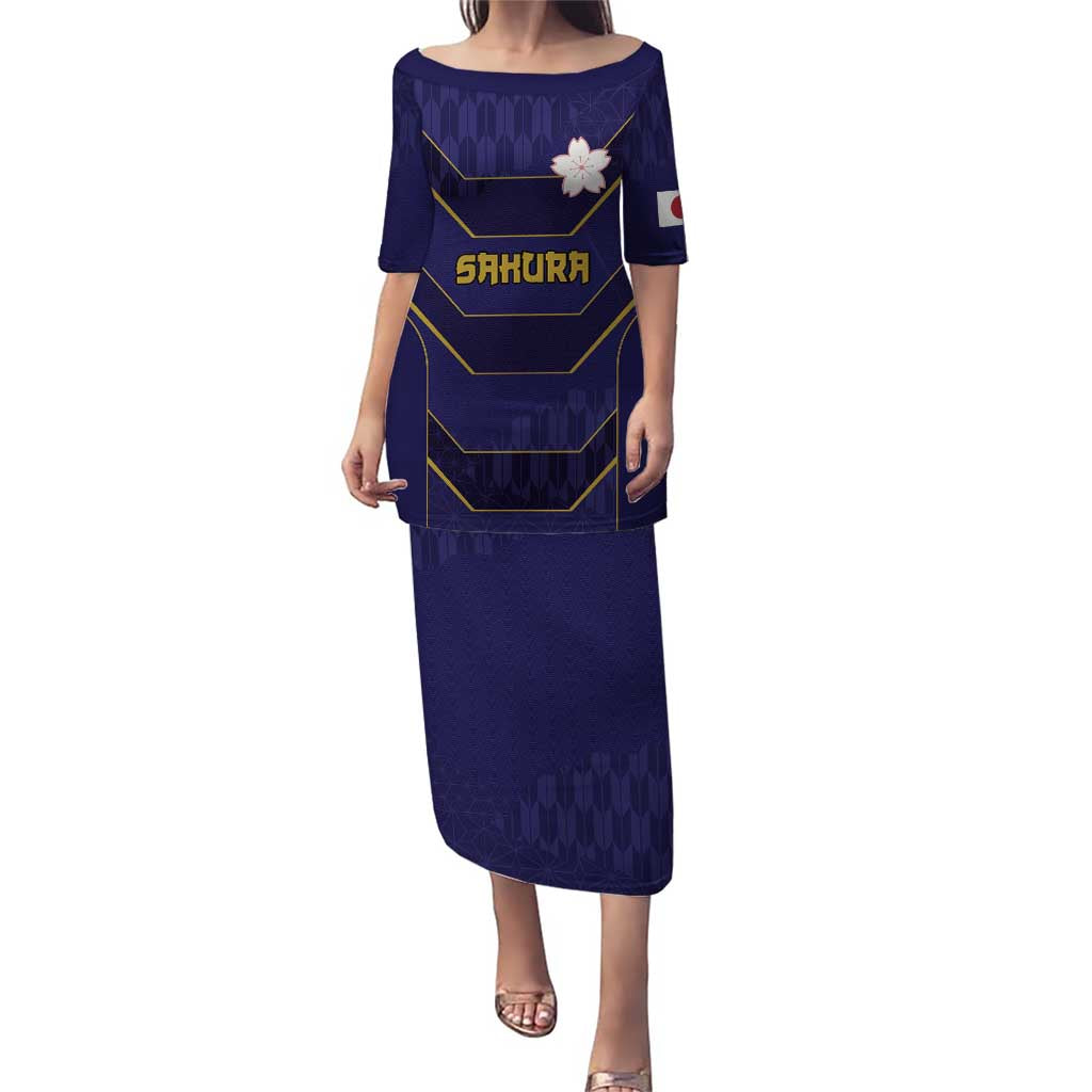 Japan Pacific Rugby 2022-23 Custom Puletasi Blue Sakura Japanese Wave Pattern LT9 Long Dress Blue - Polynesian Pride