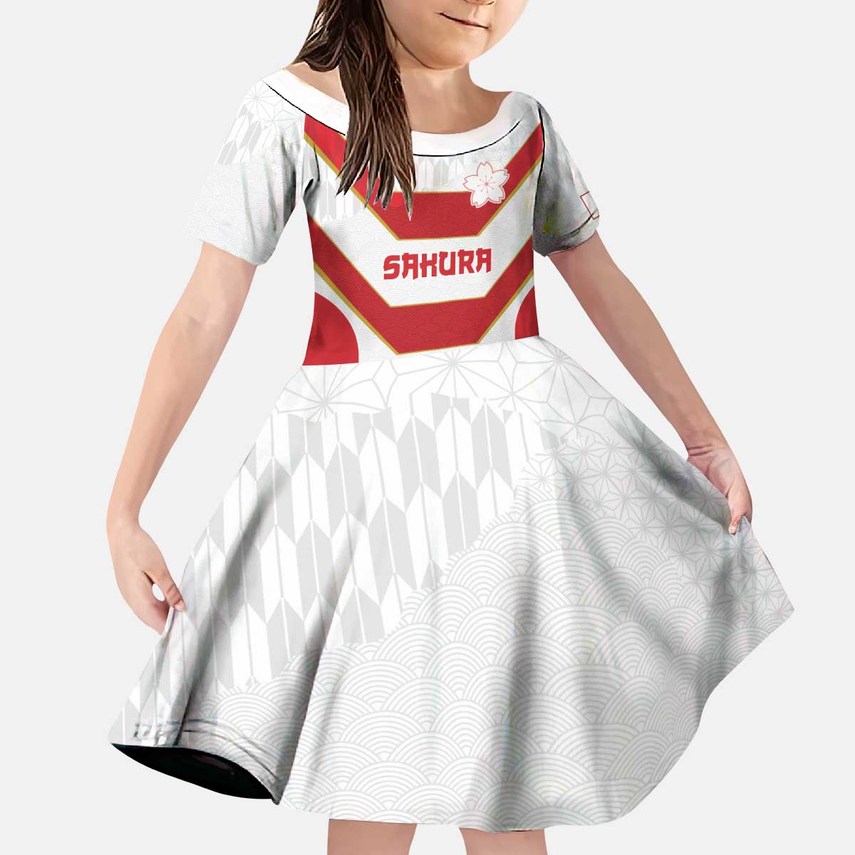 Japan Pacific Rugby 2022-23 Custom Kid Short Sleeve Dress Red Sakura Japanese Wave Pattern LT9 KID Red - Polynesian Pride