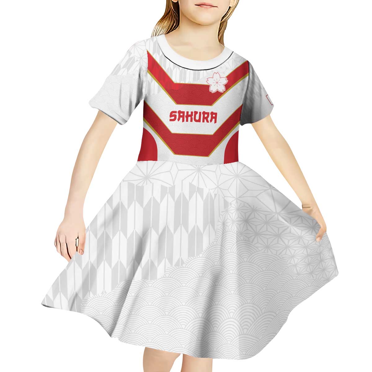 Japan Pacific Rugby 2022-23 Custom Kid Short Sleeve Dress Red Sakura Japanese Wave Pattern LT9 - Polynesian Pride