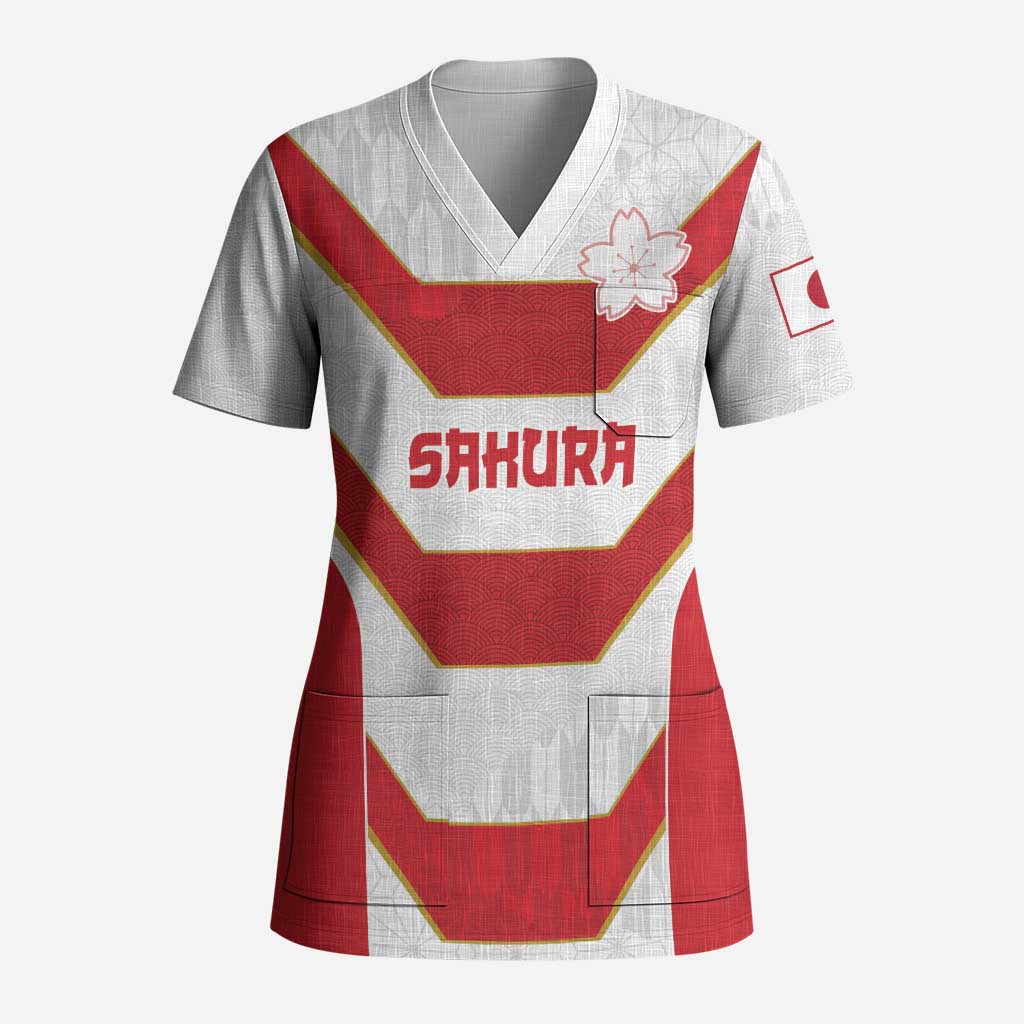 Japan Pacific Rugby 2022-23 Custom Scrub Top Red Sakura Japanese Wave Pattern LT9 Adult Red - Polynesian Pride
