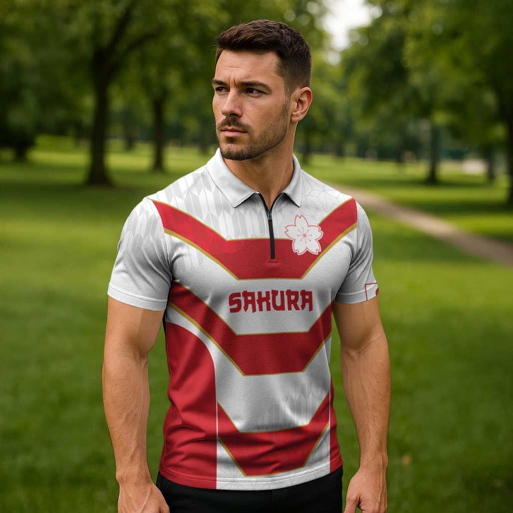 Japan Pacific Rugby 2022-23 Custom Zipper Polo Shirt Red Sakura Japanese Wave Pattern LT9 - Polynesian Pride