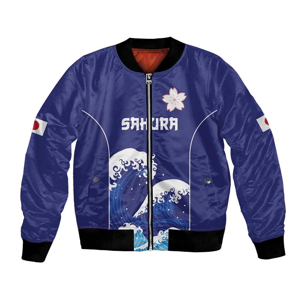 Japan Pacific Rugby Custom Bomber Jacket Go Sakura Japanese Wave Pattern LT9 Unisex Blue - Polynesian Pride