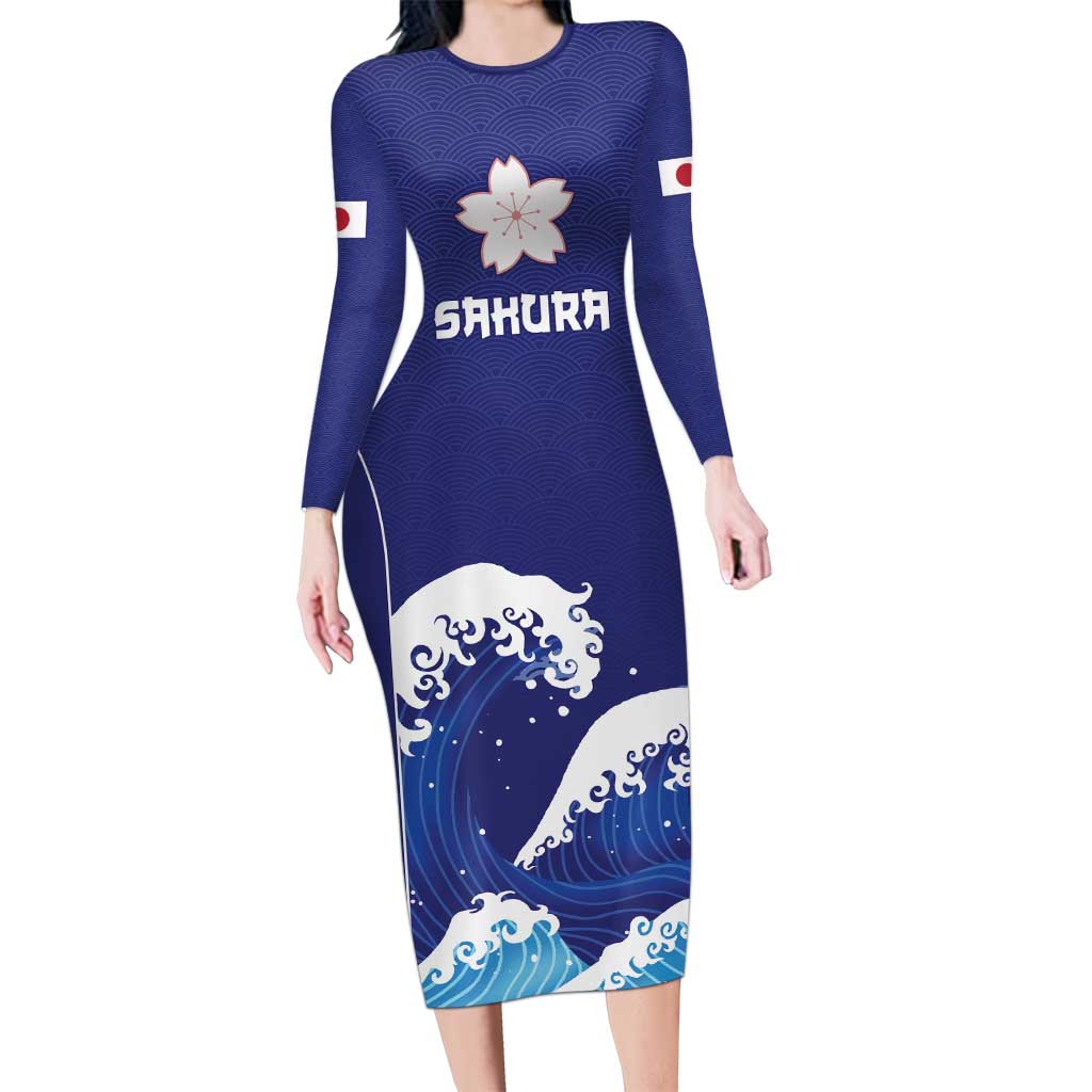 Japan Pacific Rugby Custom Long Sleeve Bodycon Dress Go Sakura Japanese Wave Pattern LT9 Long Dress Blue - Polynesian Pride