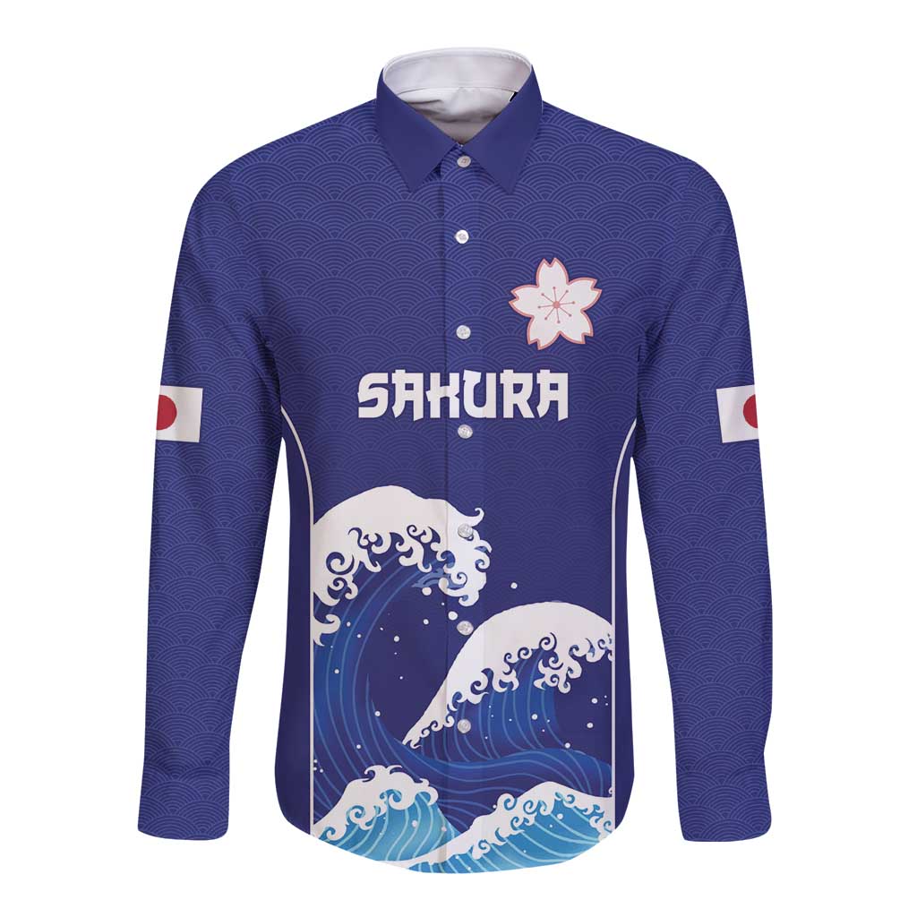 Japan Pacific Rugby Custom Long Sleeve Button Shirt Go Sakura Japanese Wave Pattern LT9 Unisex Blue - Polynesian Pride