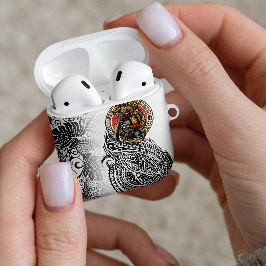 Japanese Samurai Warrior AirPods Case White Polynesian Tattoo Style LT9 - Polynesian Pride