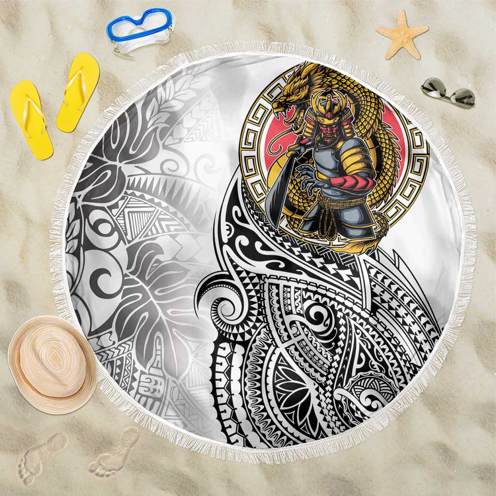 Japanese Samurai Warrior Beach Blanket White Polynesian Tattoo Style LT9 One Size 150cm White - Polynesian Pride