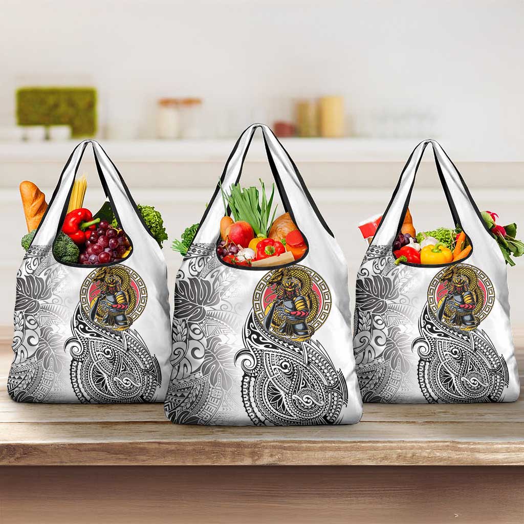 Japanese Samurai Warrior Grocery Bag White Polynesian Tattoo Style LT9 3-pack One Size White - Polynesian Pride