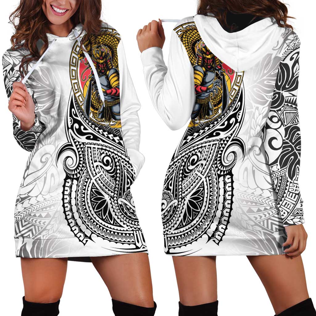 Japanese Samurai Warrior Hoodie Dress White Polynesian Tattoo Style LT9 - Polynesian Pride