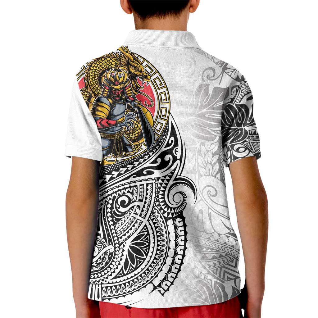 Japanese Samurai Warrior Kid Polo Shirt White Polynesian Tattoo Style LT9 - Polynesian Pride