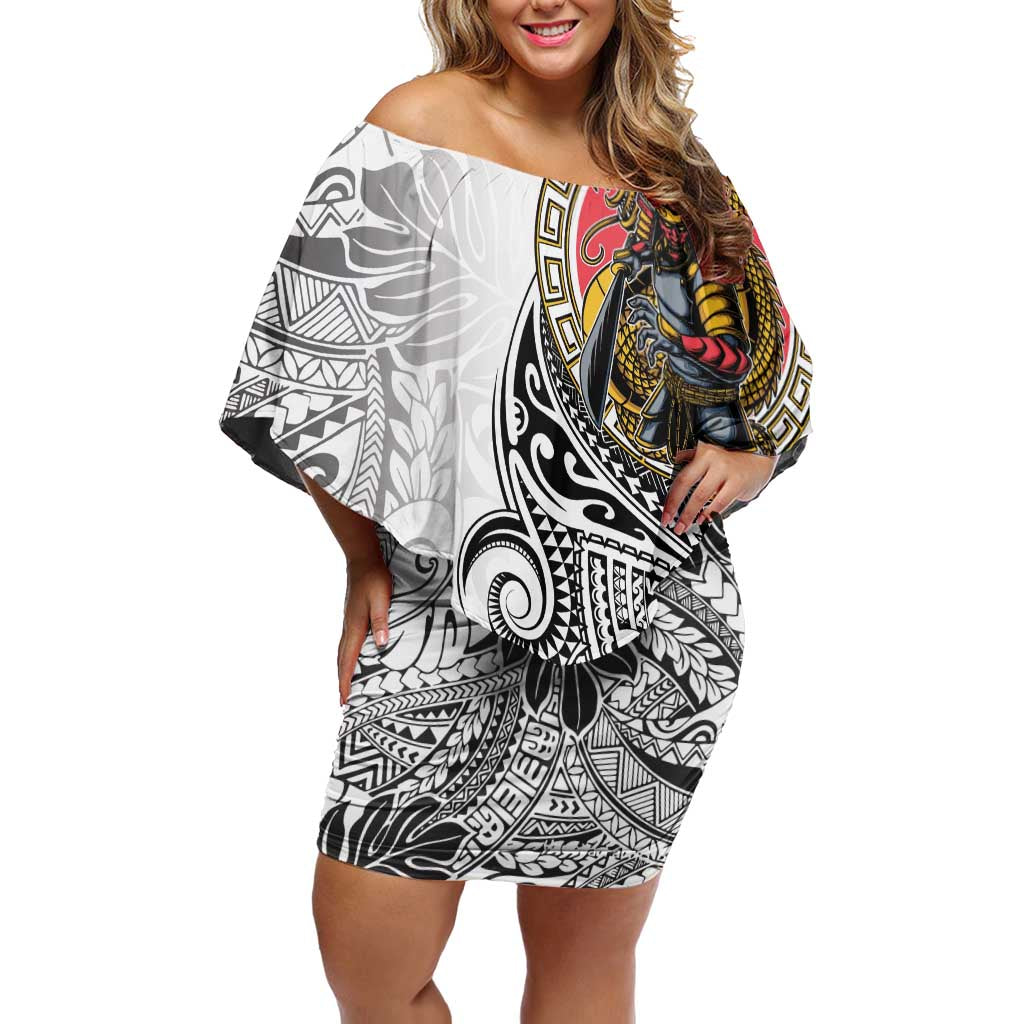 Japanese Samurai Warrior Off Shoulder Short Dress White Polynesian Tattoo Style LT9 Women White - Polynesian Pride
