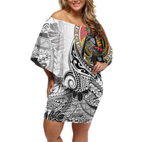 Japanese Samurai Warrior Off Shoulder Short Dress White Polynesian Tattoo Style LT9 Women White - Polynesian Pride