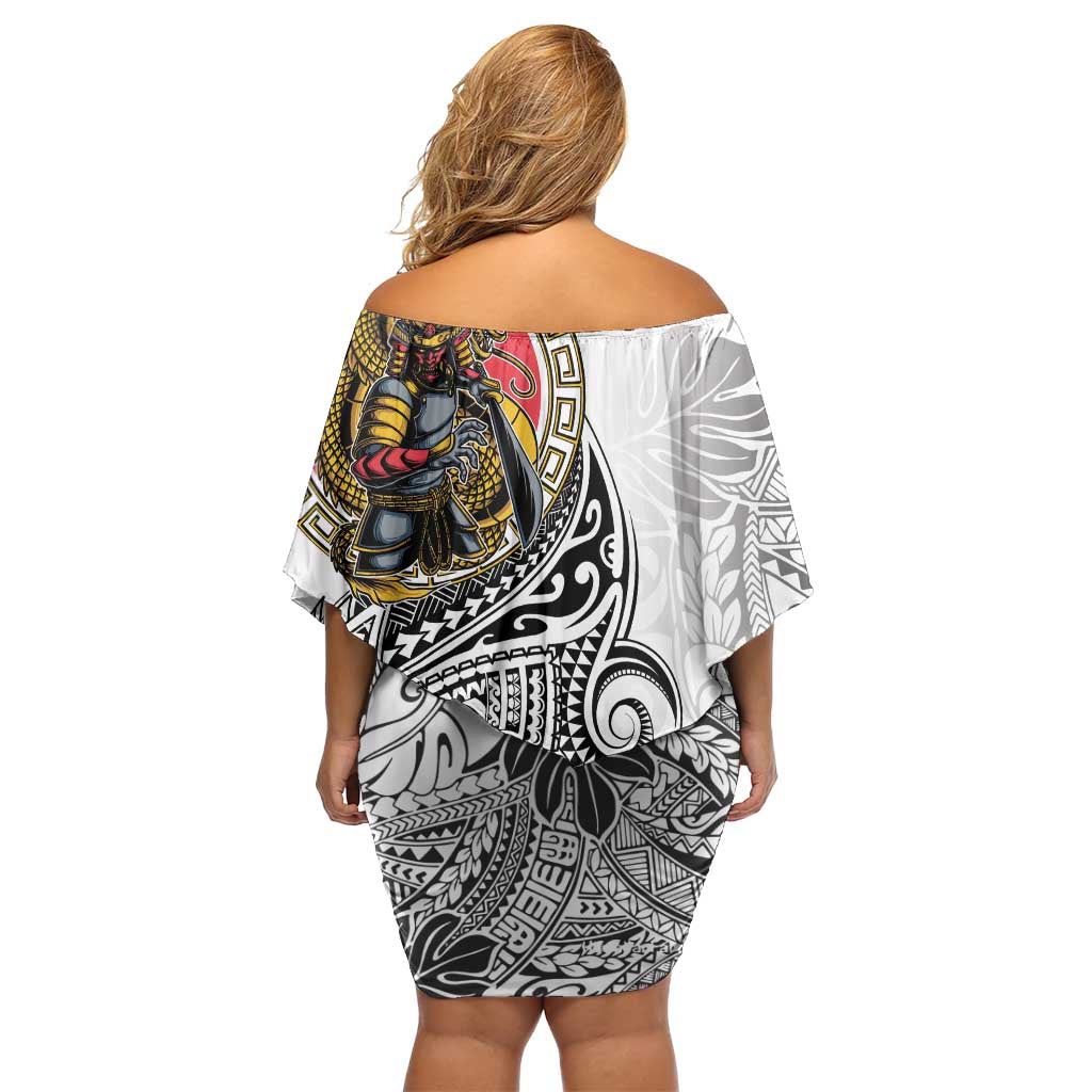 Japanese Samurai Warrior Off Shoulder Short Dress White Polynesian Tattoo Style LT9 - Polynesian Pride
