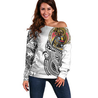 Japanese Samurai Warrior Off Shoulder Sweater White Polynesian Tattoo Style LT9 Women White - Polynesian Pride