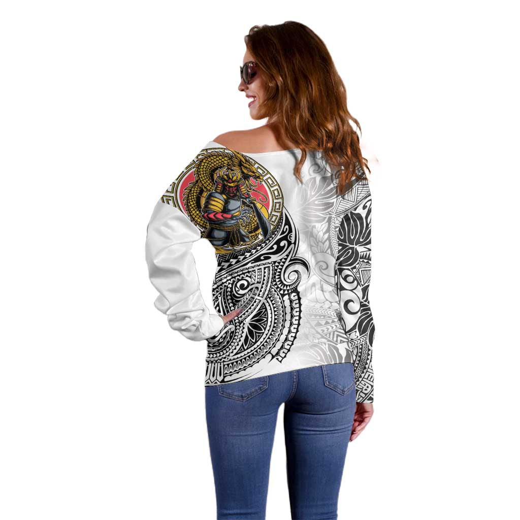 Japanese Samurai Warrior Off Shoulder Sweater White Polynesian Tattoo Style LT9 - Polynesian Pride
