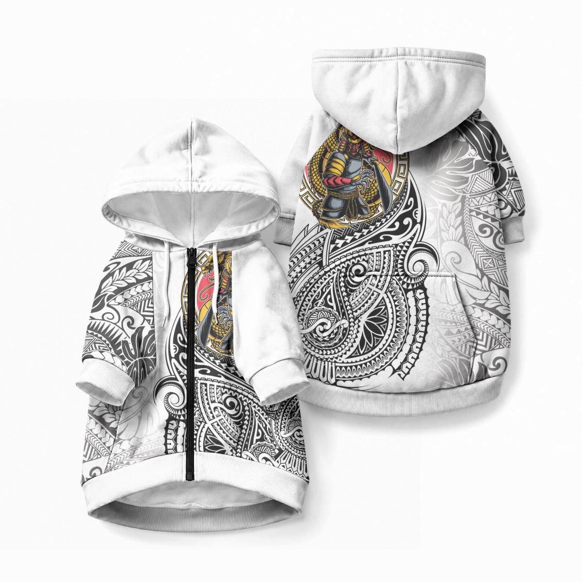 Japanese Samurai Warrior Pet Hoodie White Polynesian Tattoo Style LT9 Zip-up White - Polynesian Pride