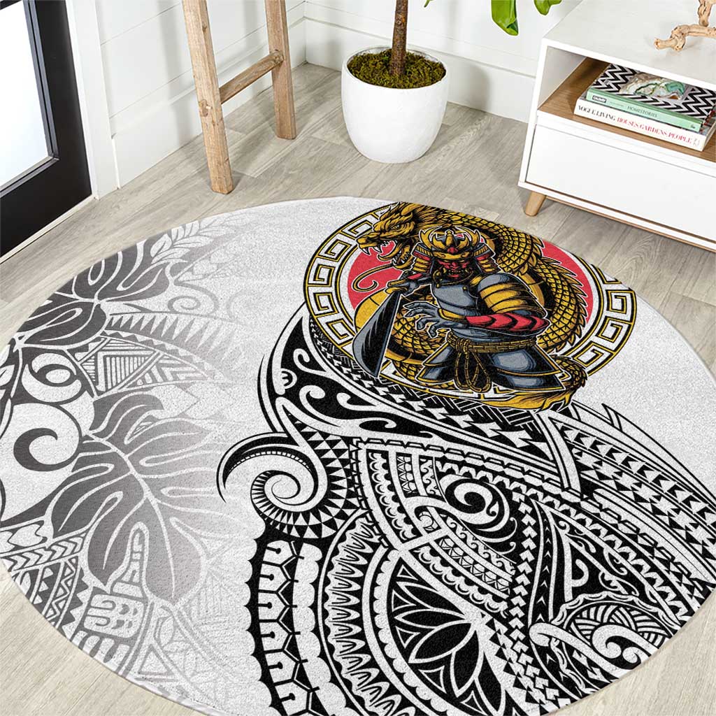 Japanese Samurai Warrior Round Carpet White Polynesian Tattoo Style LT9 White - Polynesian Pride
