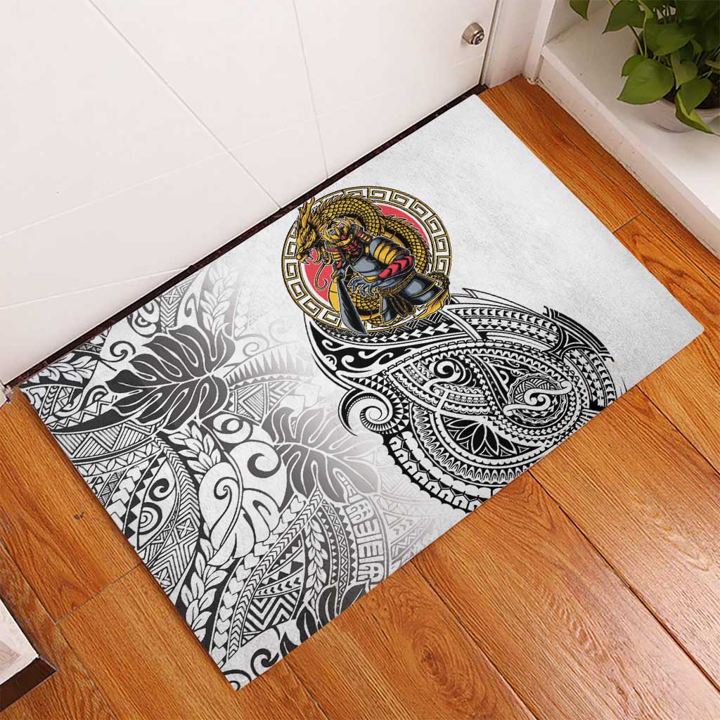 Japanese Samurai Warrior Rubber Doormat White Polynesian Tattoo Style LT9 - Polynesian Pride