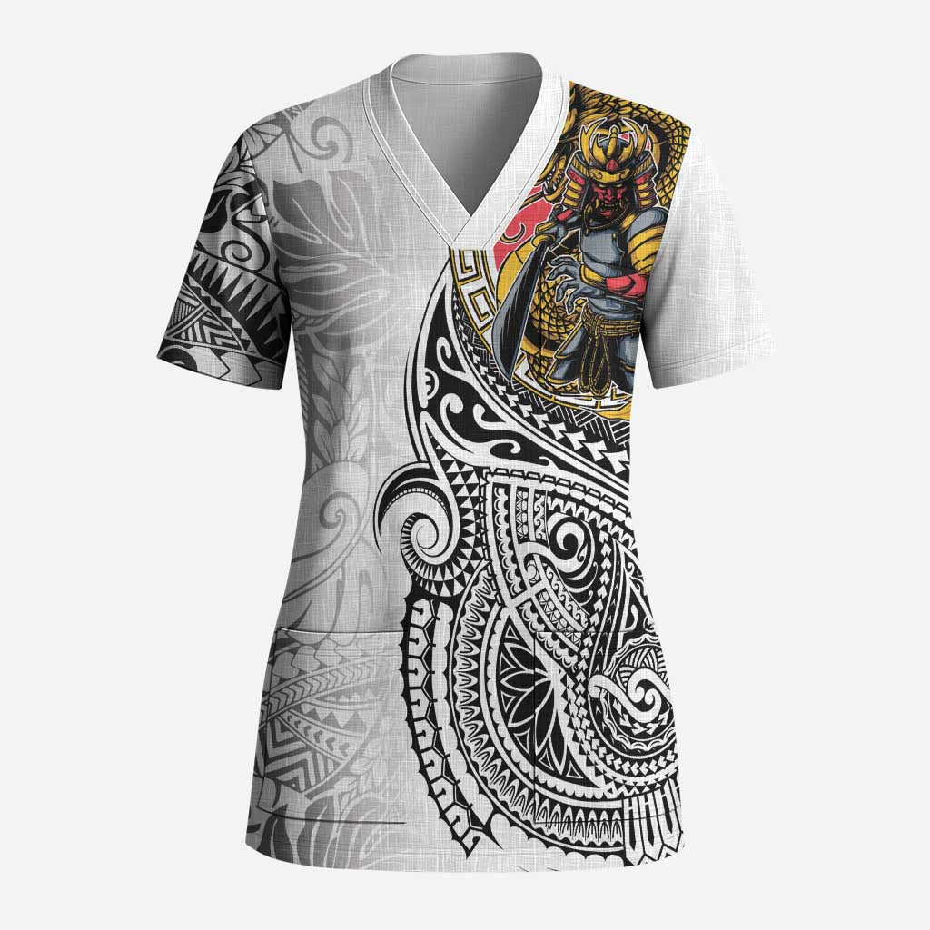 Japanese Samurai Warrior Scrub Top White Polynesian Tattoo Style LT9 Adult White - Polynesian Pride