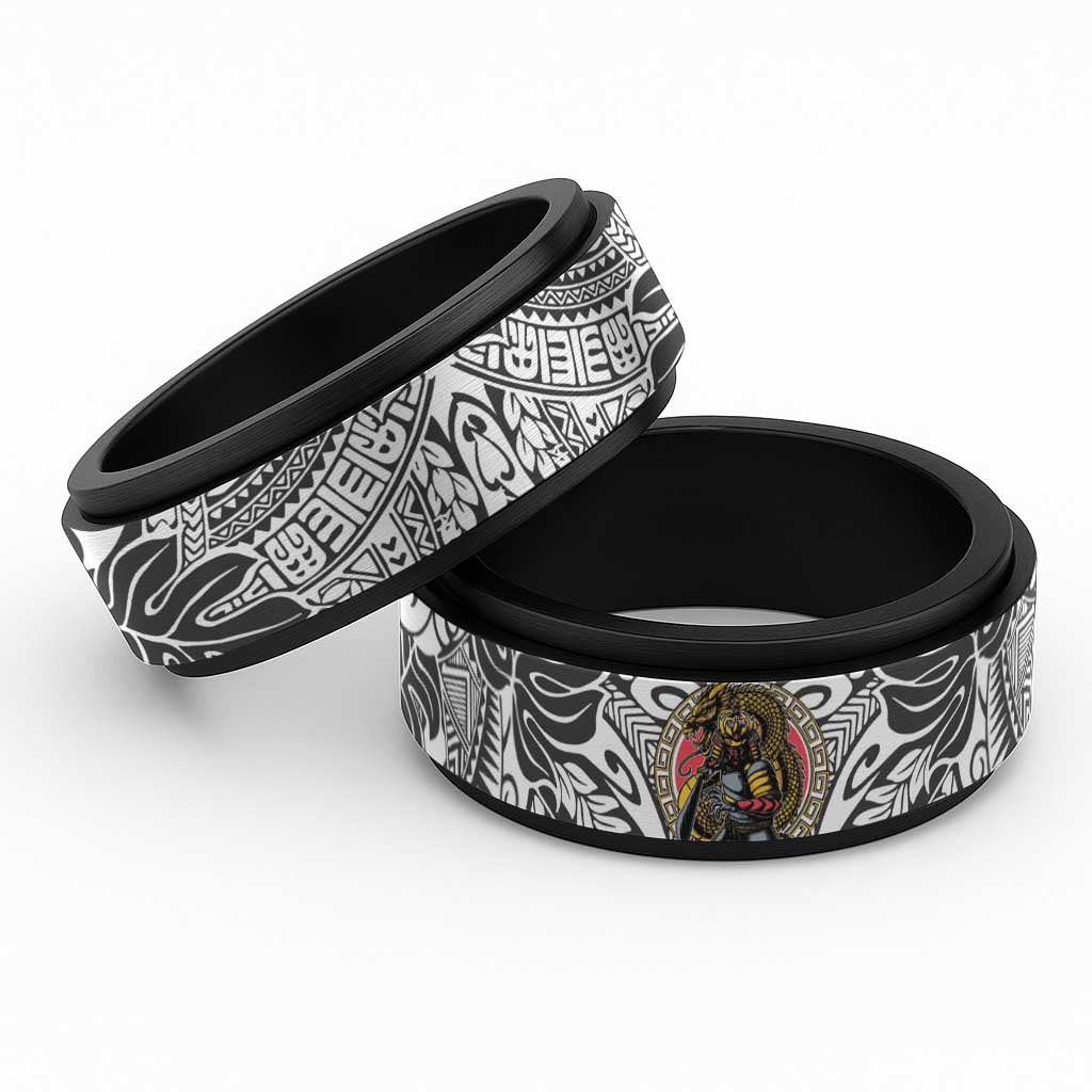 Japanese Samurai Warrior Spinner Ring White Polynesian Tattoo Style LT9 Black White - Polynesian Pride