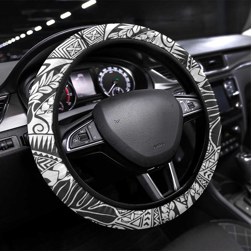 Japanese Samurai Warrior Steering Wheel Cover White Polynesian Tattoo Style LT9 Universal Fit White - Polynesian Pride