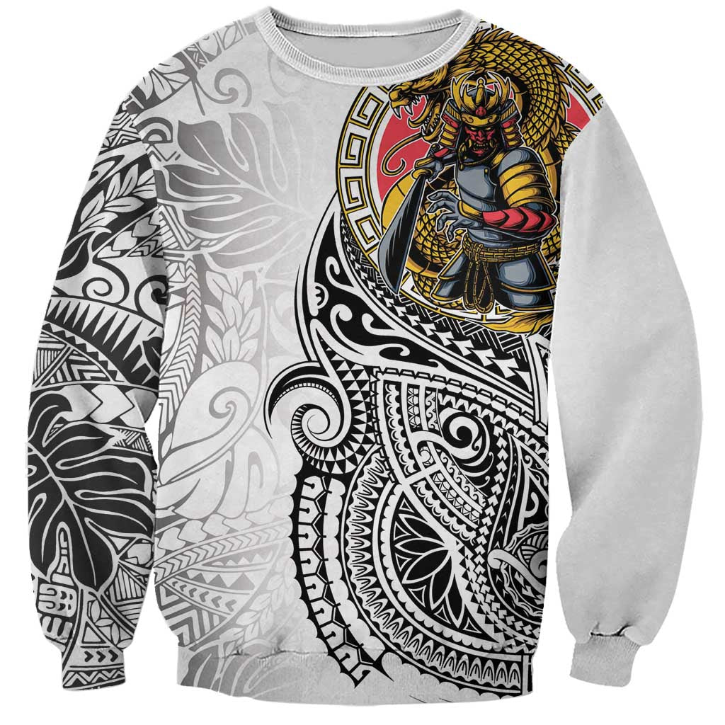 Japanese Samurai Warrior Sweatshirt White Polynesian Tattoo Style LT9 Unisex White - Polynesian Pride