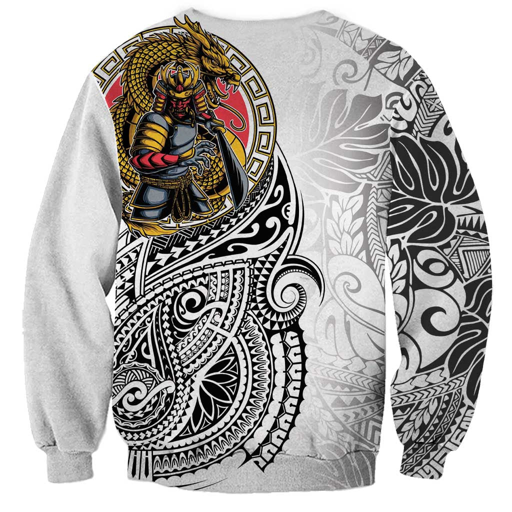 Japanese Samurai Warrior Sweatshirt White Polynesian Tattoo Style LT9 - Polynesian Pride