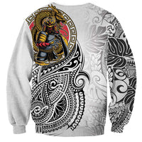 Japanese Samurai Warrior Sweatshirt White Polynesian Tattoo Style LT9 - Polynesian Pride