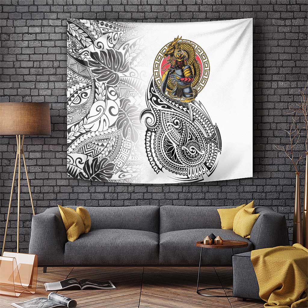 Japanese Samurai Warrior Tapestry White Polynesian Tattoo Style LT9 White - Polynesian Pride