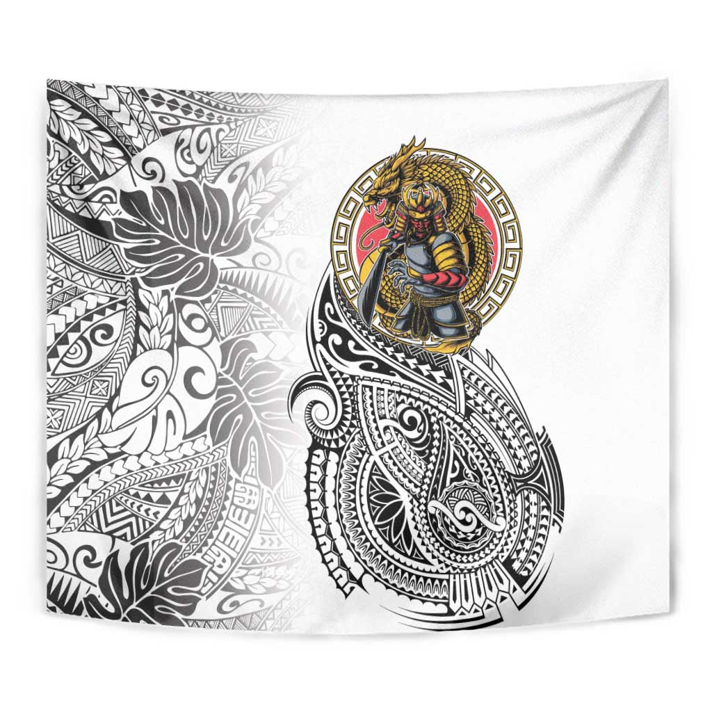 Japanese Samurai Warrior Tapestry White Polynesian Tattoo Style LT9 - Polynesian Pride